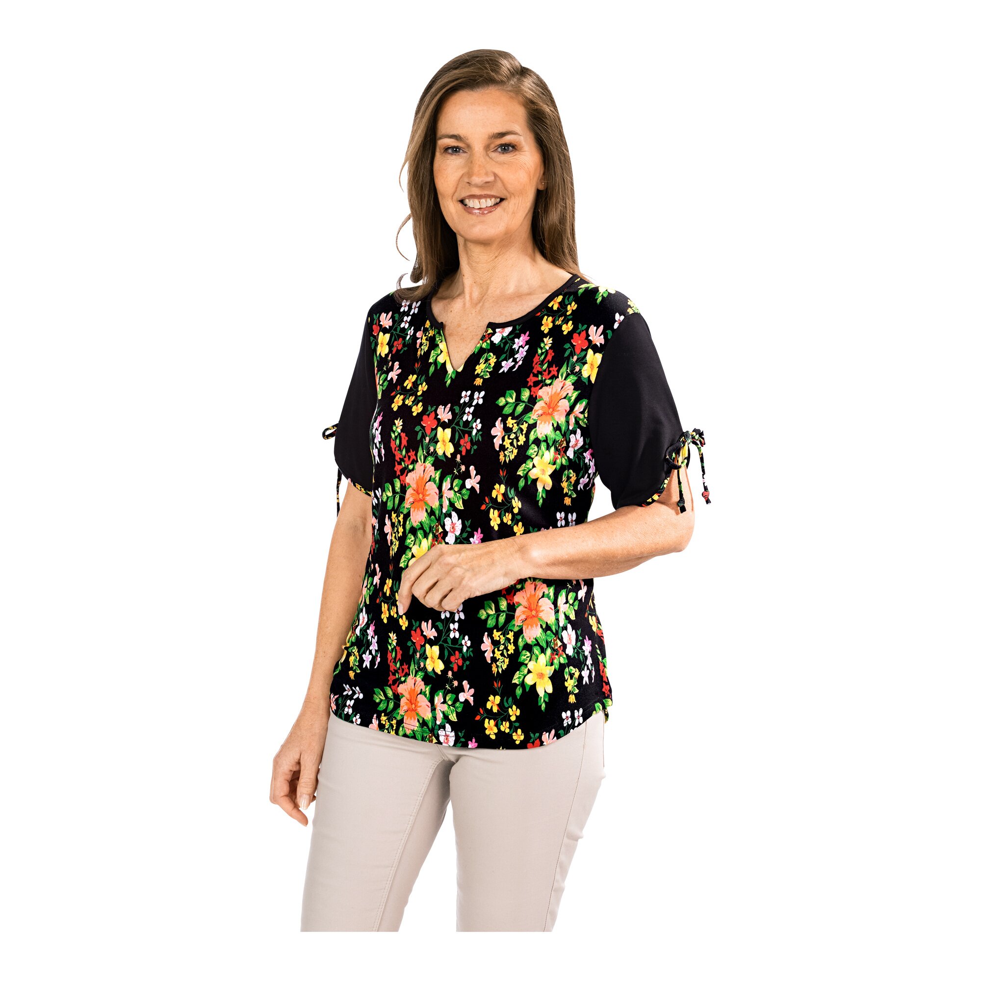 Damen Shirt Blume mit V-Ausschnitt, Größe: XL