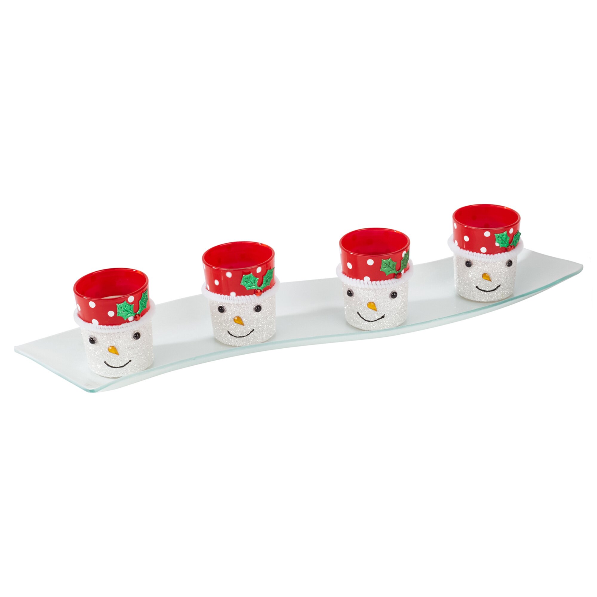 Assiettes en verre « Avent » +  4 photophores à laspect bonhomme de neige