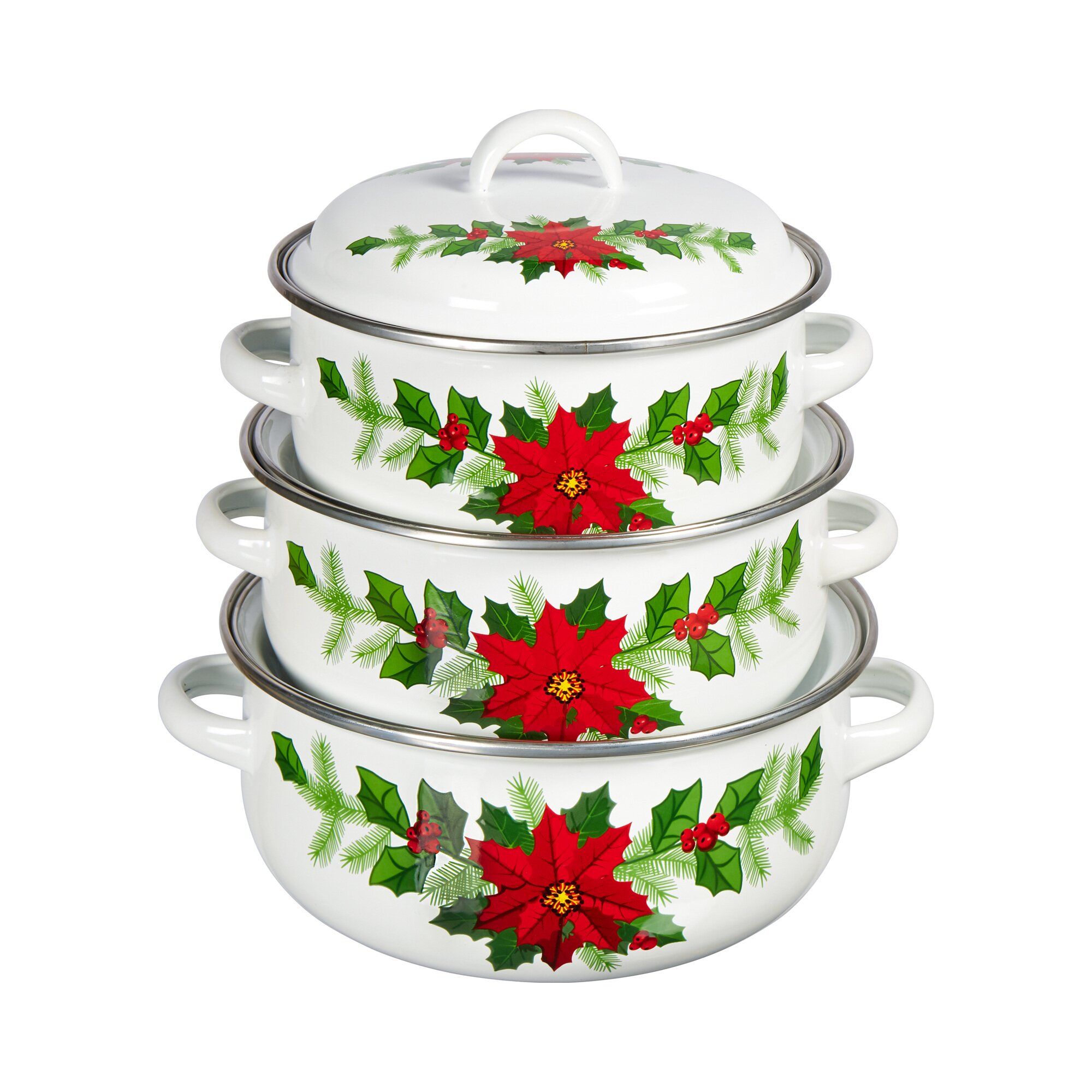 Lot de faitouts en émail « Poinsettia »