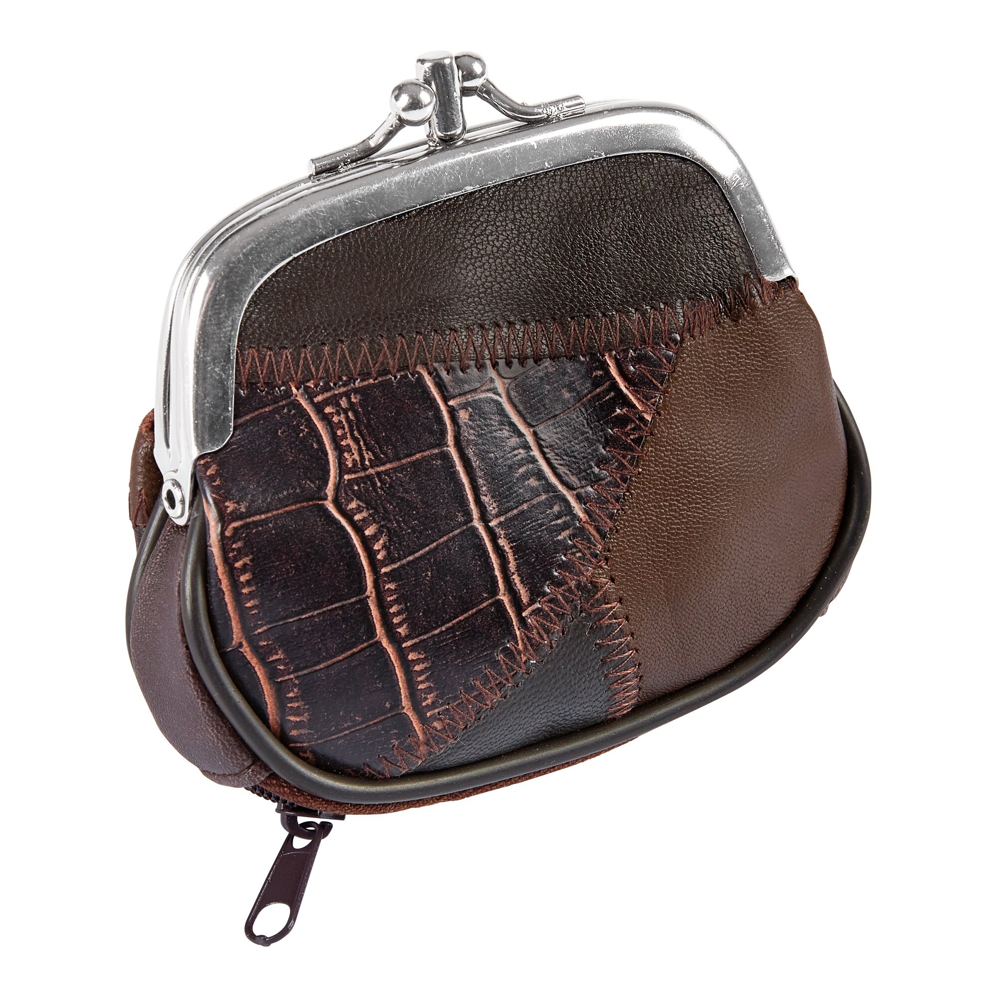 Patchworkleder-Klippbörse, braun
