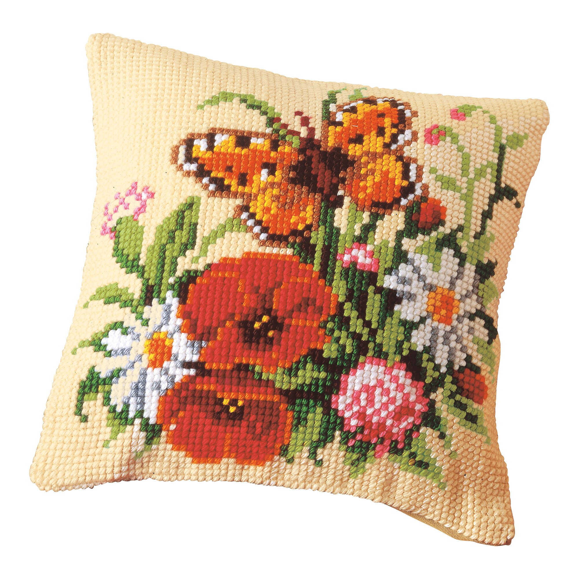 Kreuzstichkissen Blumen mit Schmetterling