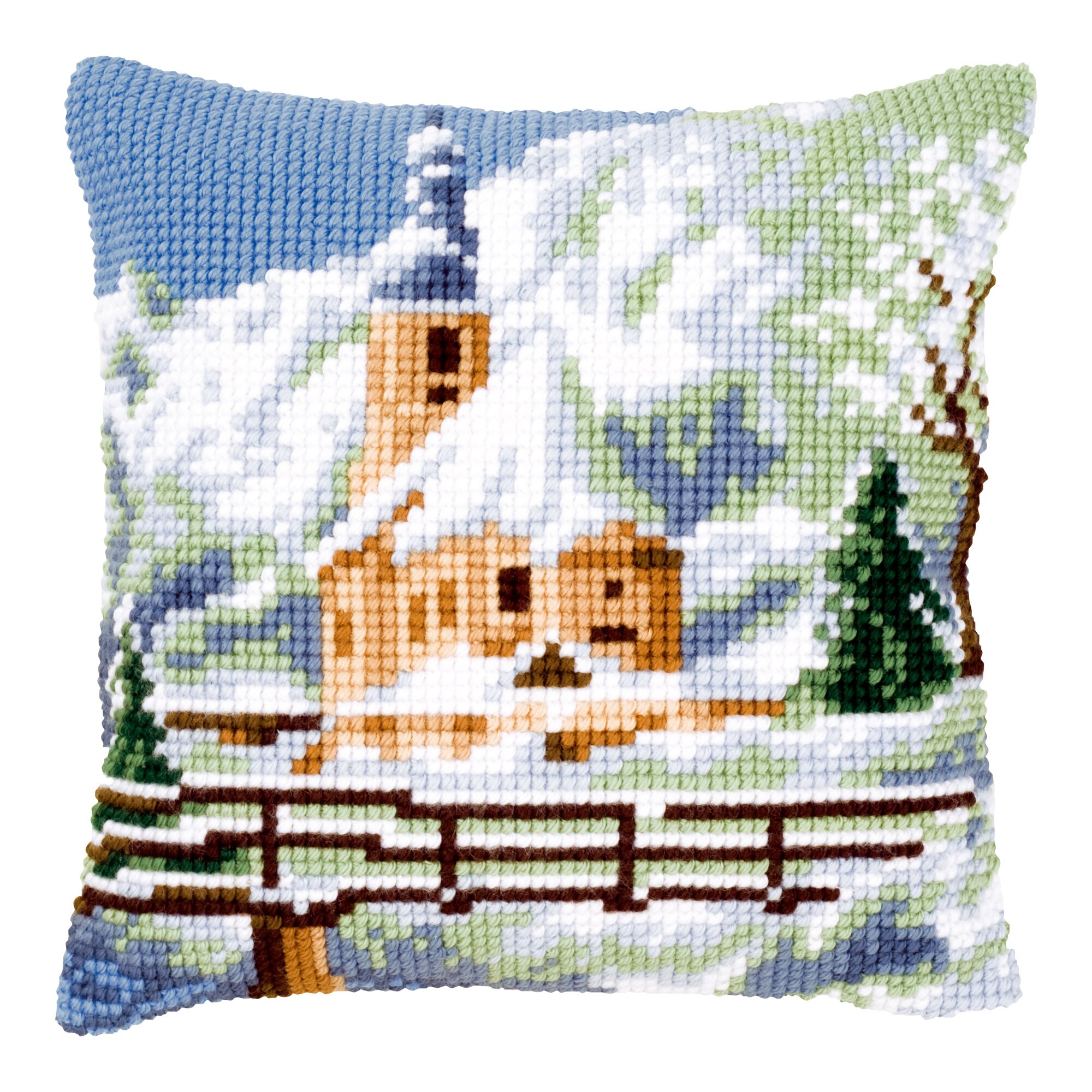 Kreuzstichkissen Kirche im Schnee