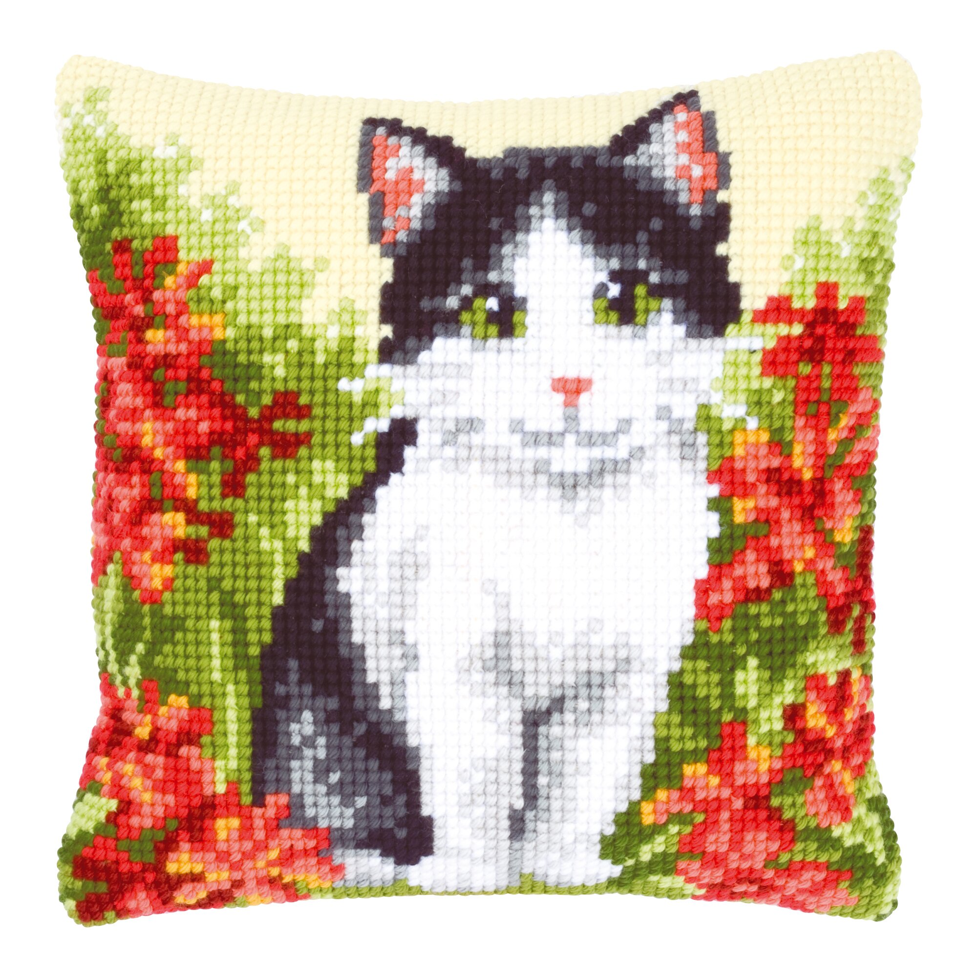 Kreuzstichkissen Katze in Blumenfeld