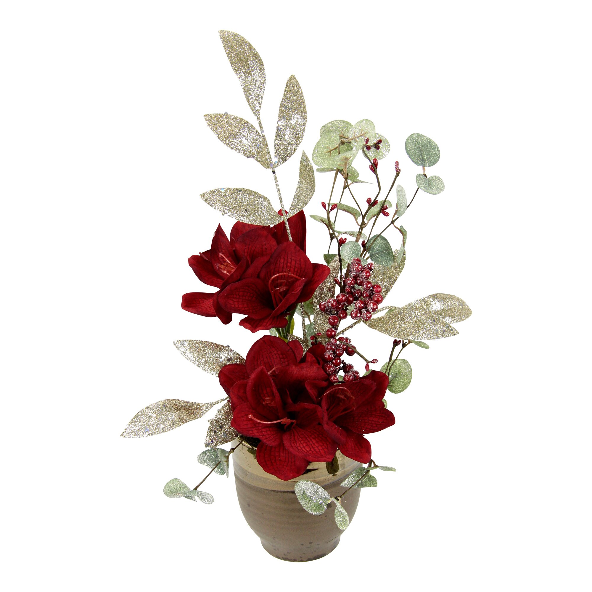 Gesteck Amaryllis/Beeren im Keramiktopf