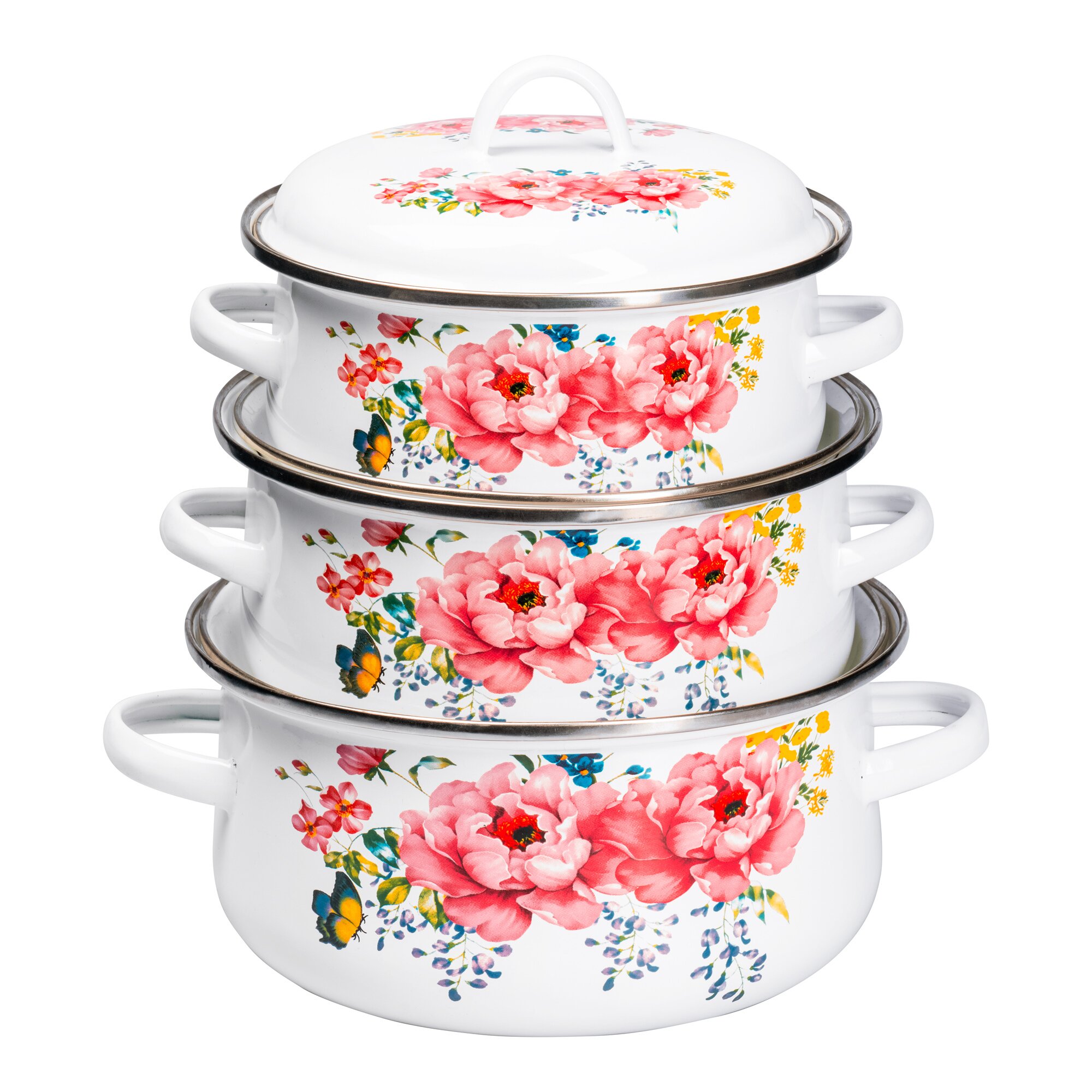 Emaille-Topfset "Sommer-Blüten", 3 Stück