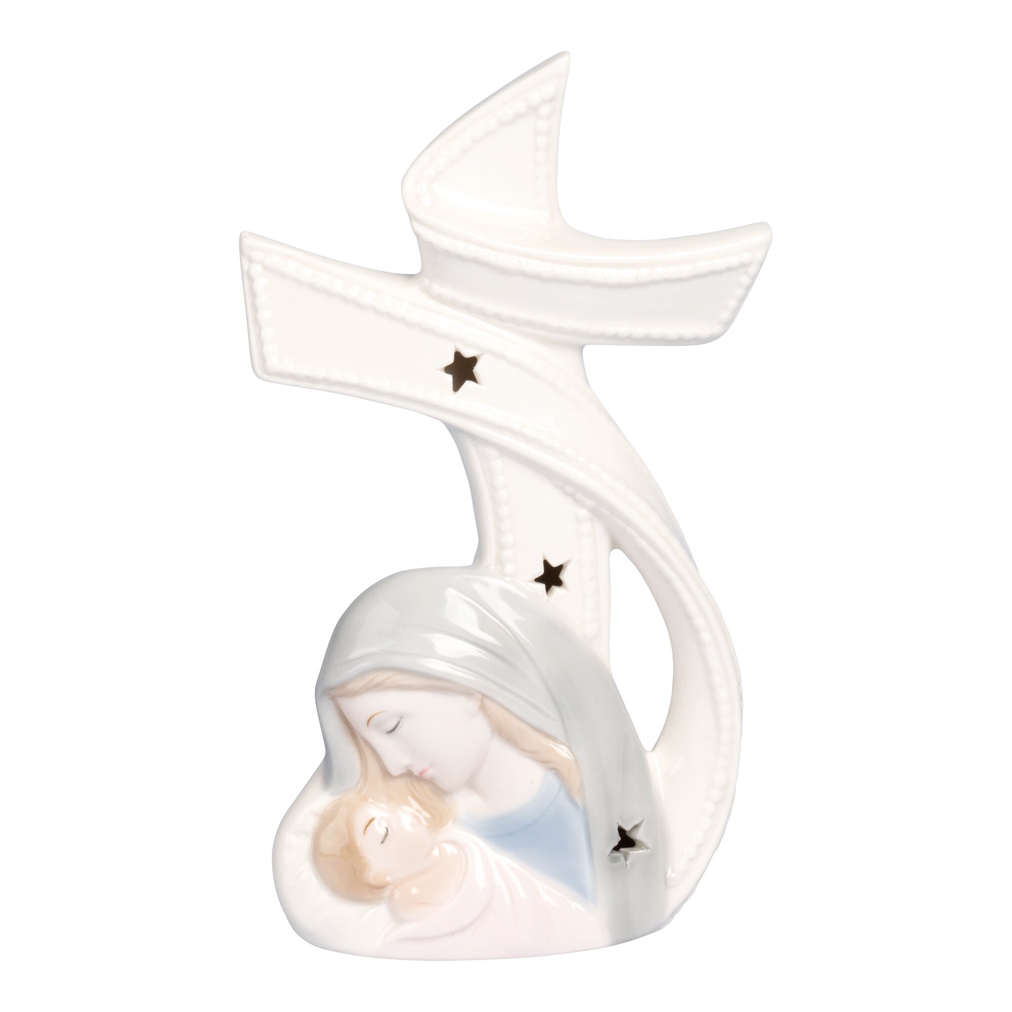 Croix à LED en porcelaine «Marie et l’enfant Jésus»