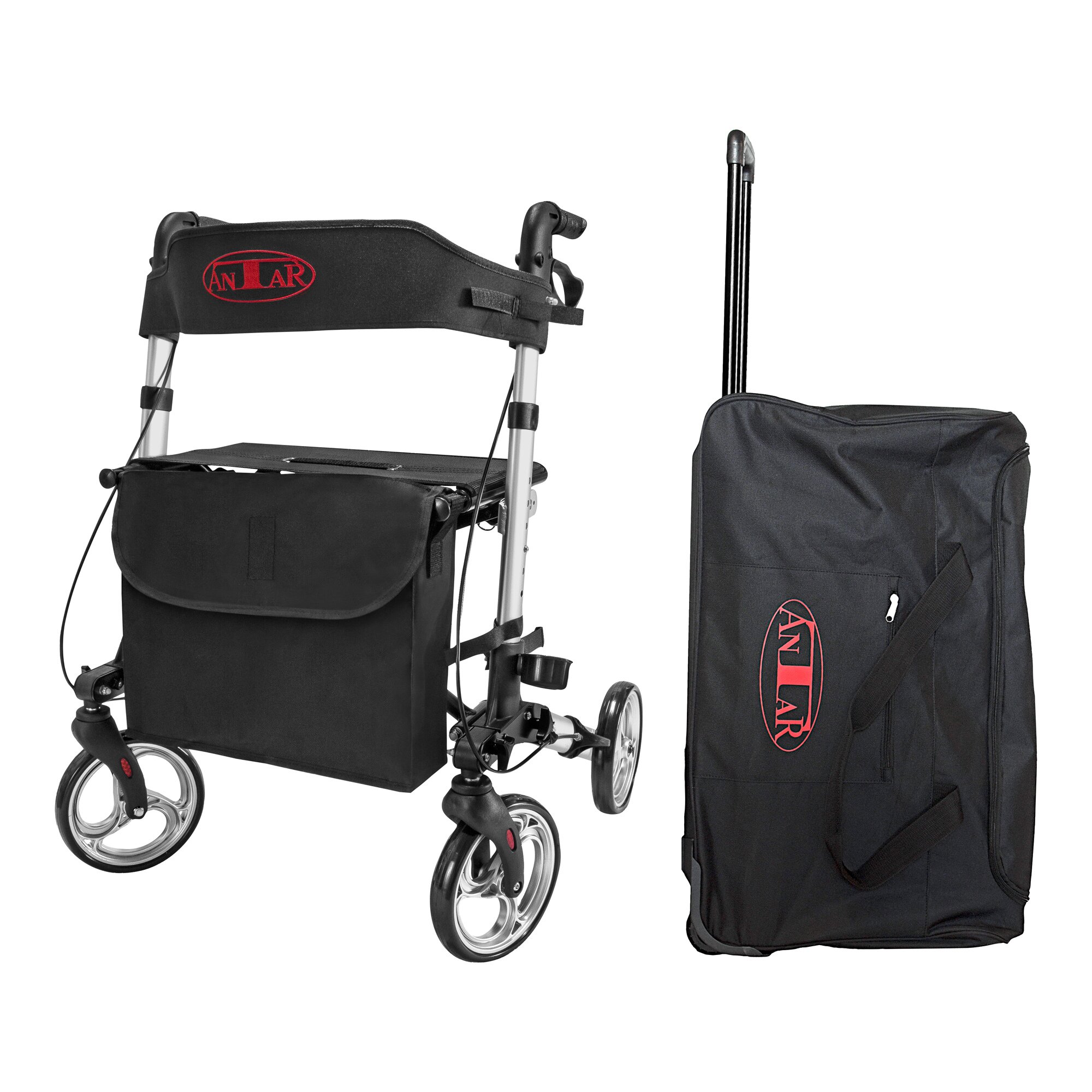 Leichtgewicht-Rollator Premium, Aluminium AT51006 + Transporttasche mit Rollen schwarz silber