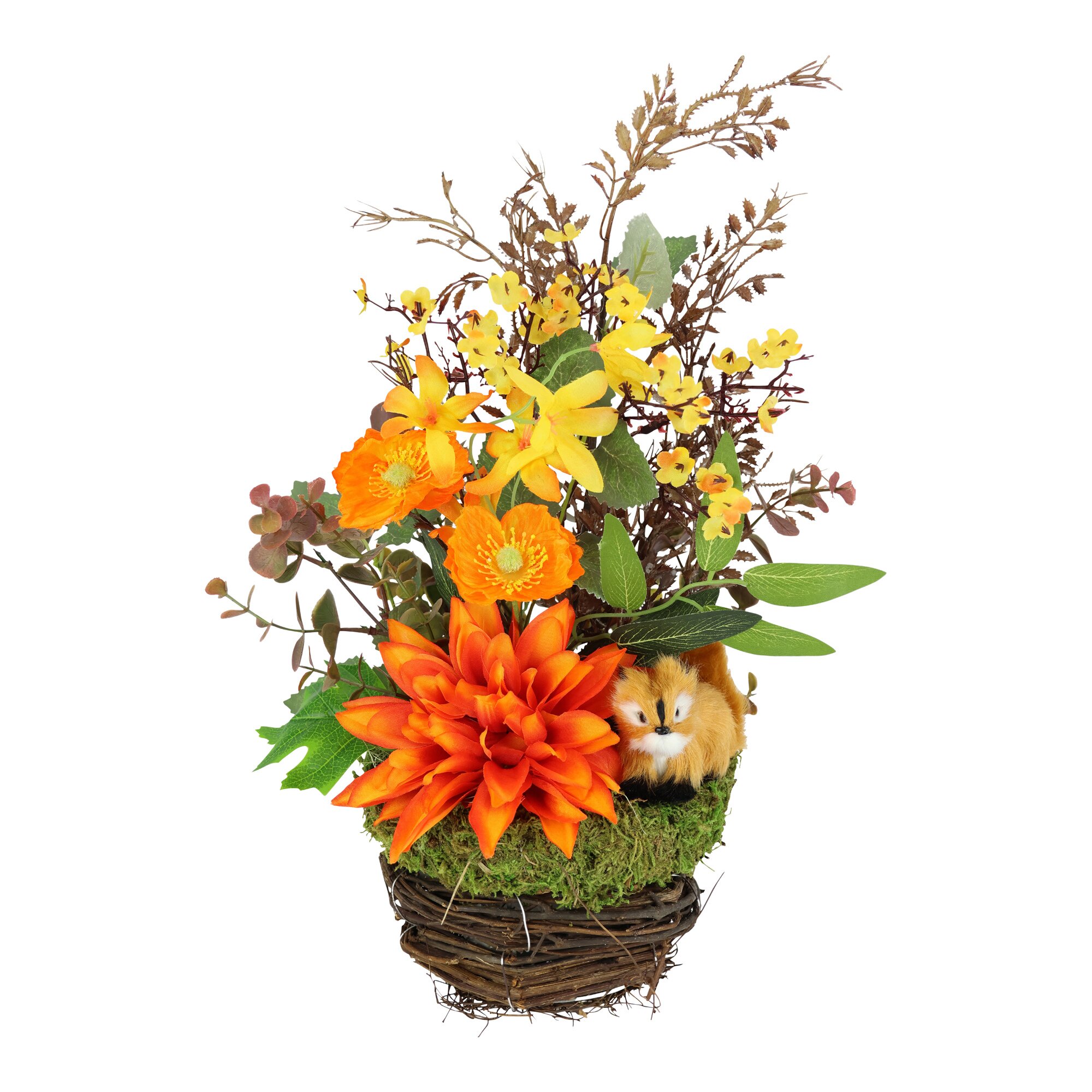 Kunstblumengesteck "Dahlie mit Eichhörnchen" orange