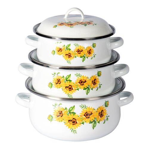 genialo Emaille-Topfset Sonnenblume Kochtöpfe mit Deckel für alle Herdarten