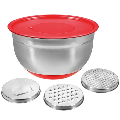 STONELINE Edelstahl Multifunktions-Schüssel-Set, 5-tlg., mit 3 Reiben, mit Deckel, rot online schüssel mit reibe