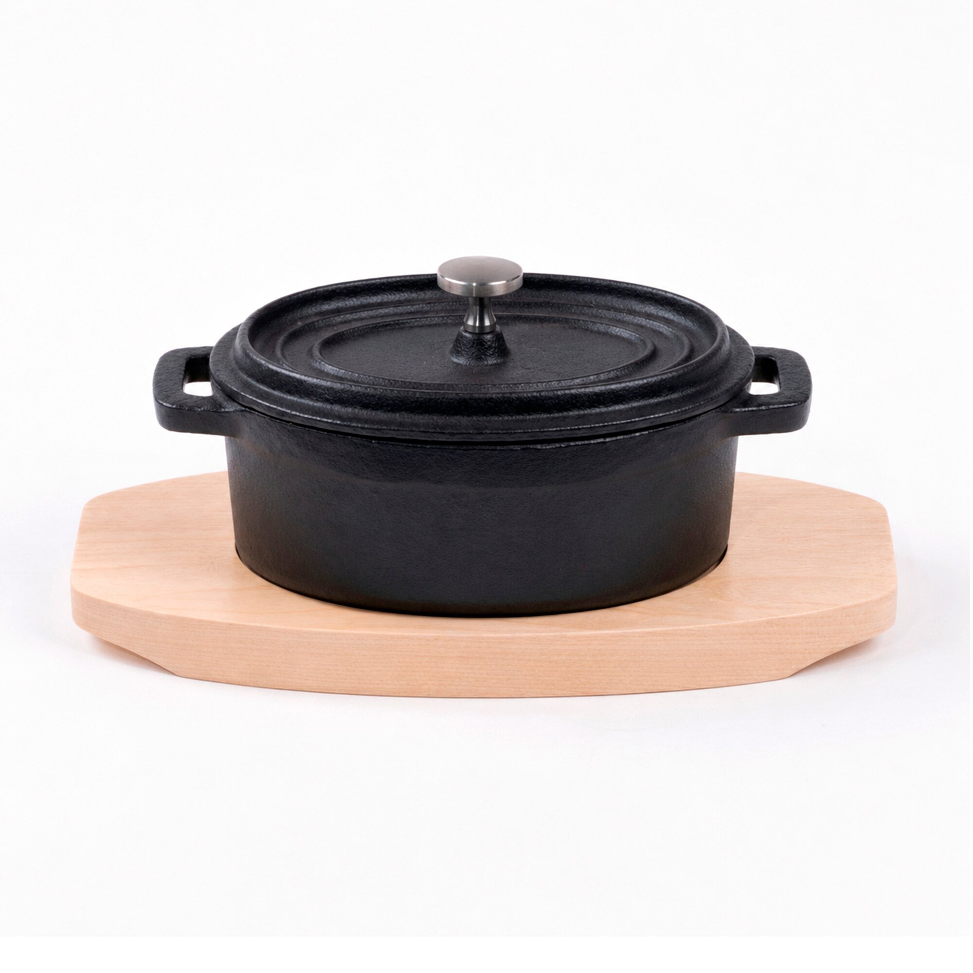 Mini Cocotte 12x8,5 cm Gusseisen, Kleiner Emaille Topf Oval, mit Brett und Tuch