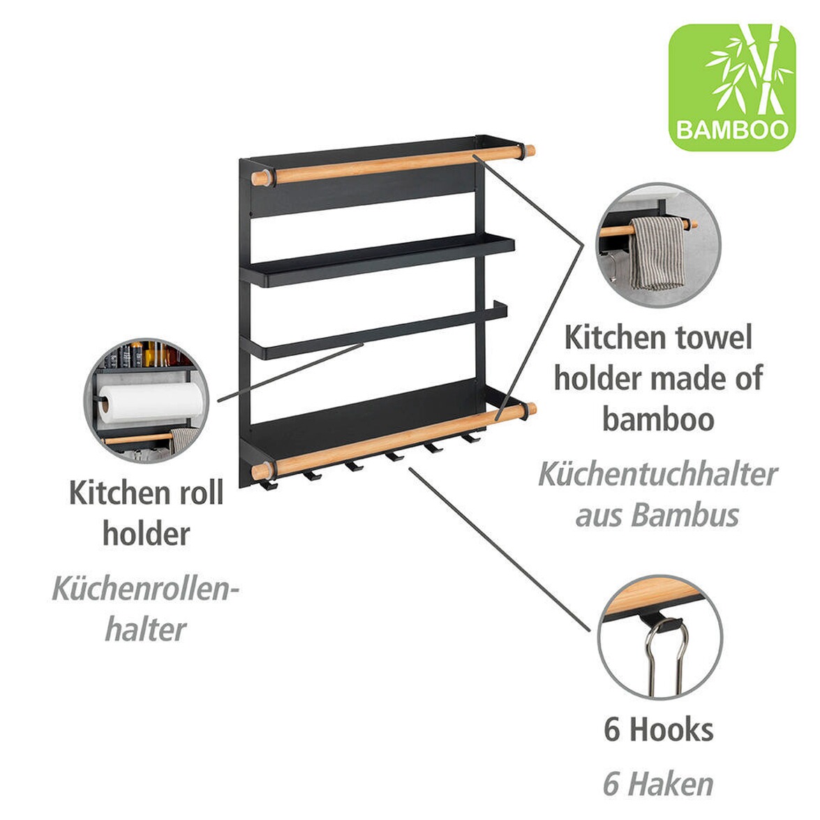 WENKO Küchenregal Magna, Schwarz, Magnetisches Regal zur Befestigung
