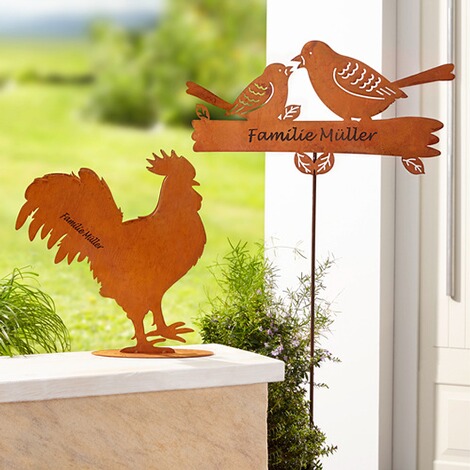 Edelrost-Gartenstecker "Vögel" personalisiert mit Namen 2