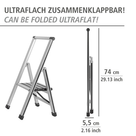 WENKO  Alu-Design Klapptrittleiter 1-stufig Silber, rutschfeste Haushaltsleiter, Sicherheits-Stehleiter 5