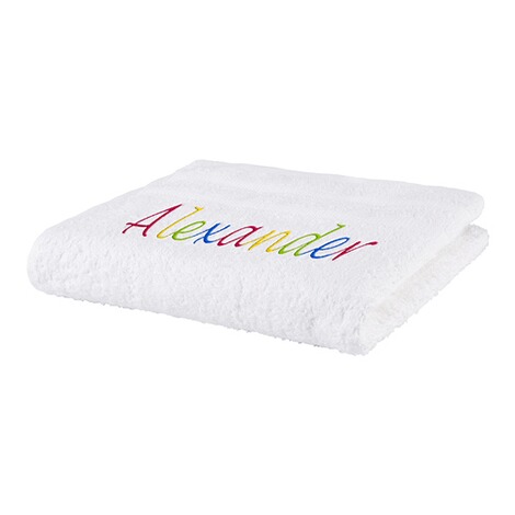 Optisplash  handdoek gepersonaliseerd met naam wit (bonte stiksels) 1